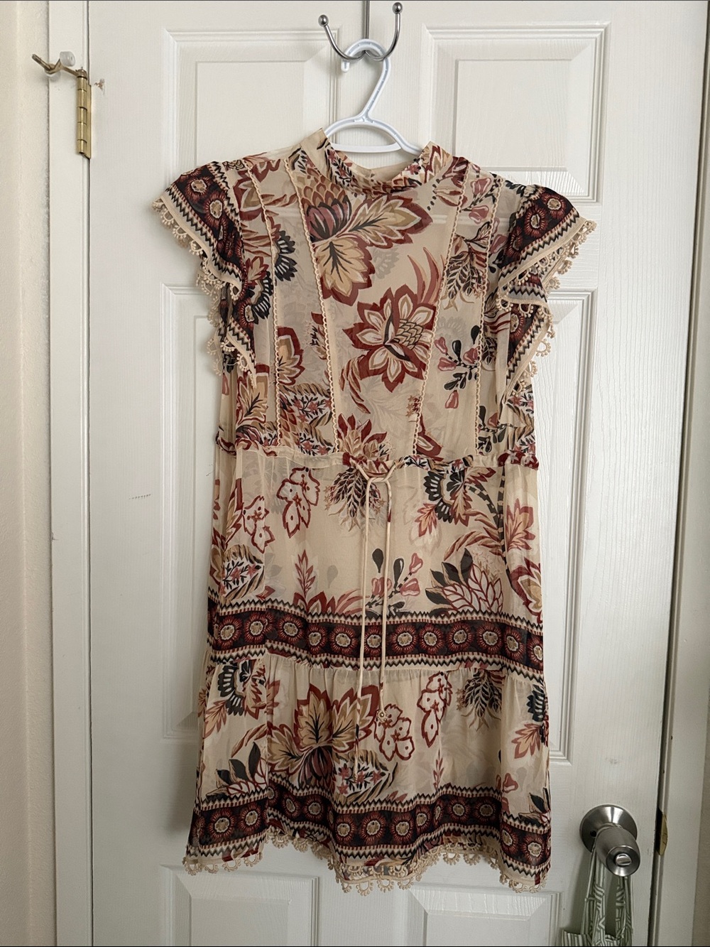 FARM Rio Beige Floral Tie-Waist Boho Dress with Rust Accents